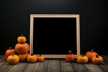 Wooden floor and black background showcase chalkboard stand with pumpkins