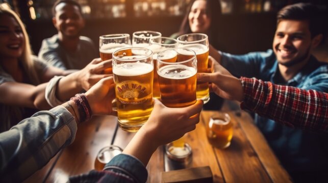Group of people enjoying and drinking beer in brewery pub, friendship concept with young people