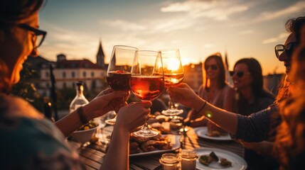 People toasting glasses of red wine at rooftop dinner - Happy friends eating meat and drinking glasses of wine at restaurant patio - obrazy, fototapety, plakaty