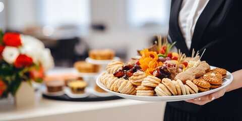 Waitress near the table with various tasty snacks during coffee break.