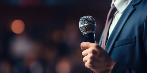 Motivational man with microphone on stage. - obrazy, fototapety, plakaty