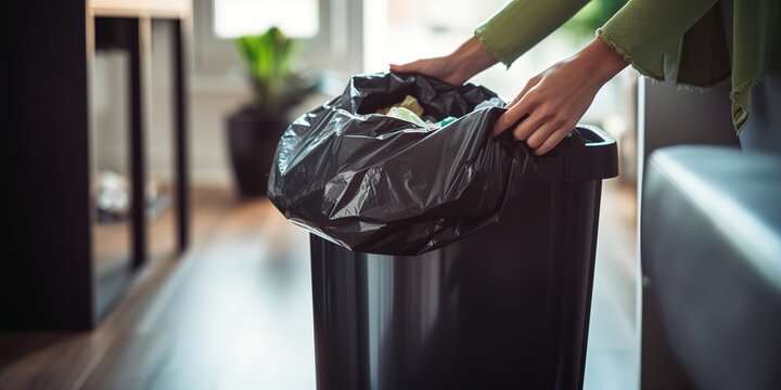 A woman takes out a garbage bag from the trash can at home.