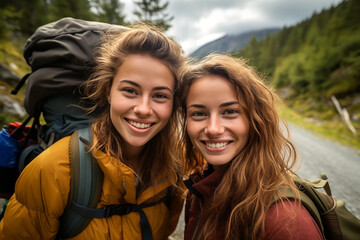 female friends hiking in mountains