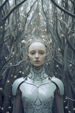 .Hyro Collection · Android Woman Made of Tree-like Metallic Circuits · Robot Woman · Chatbot Woman ·Technology Human Nature · Cybernetic Woman · Futuristic · Sci-fi Human · Photorealistic Digital Art