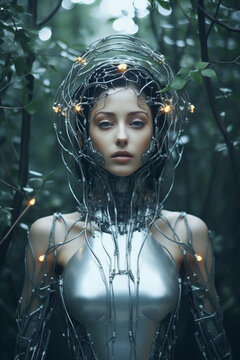 .Hyro Collection · Android Woman Made of Tree-like Metallic Circuits · Robot Woman · Chatbot Woman ·Technology Human Nature · Cybernetic Woman · Futuristic · Sci-fi Human · Photorealistic Digital Art