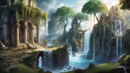 Waterfall in the fantasy city
