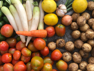 A collection of vegetables creating an interesting color composition