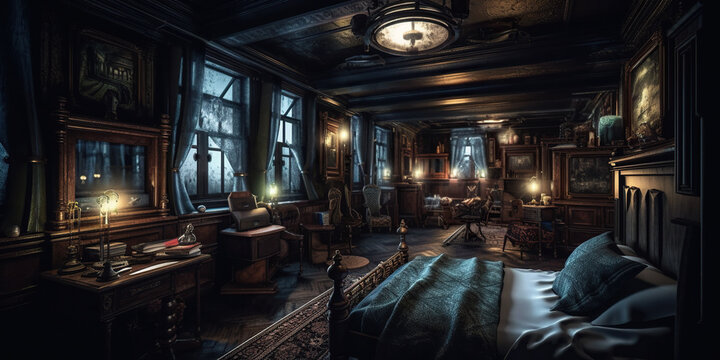 an old mansion with a beautiful interior. Night scene.