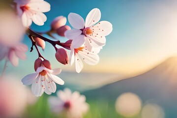 Beautiful abstract nature background with spring flowers. Macro shot of apricot flowering branches with a soft focus and a background of a soft light blue sky. for greeting cards with text space for E