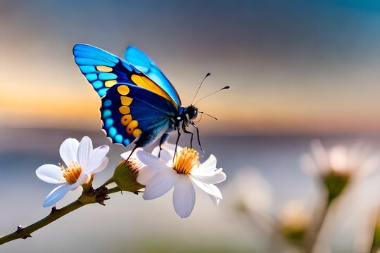 Beautiful blue-yellow butterfly in flight on a limb of an apricot tree that is blooming in the springtime, macro, with a light blue and violet backdrop. nature's elegant creative picture. banner