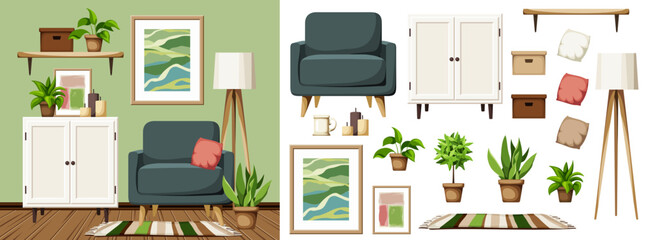 Living room interior with green walls, a white cabinet, an armchair, a floor lamp, and houseplants. Cozy modern interior design. Furniture set. Interior constructor. Cartoon vector illustration