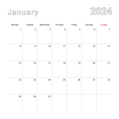 Simple wall calendar for January 2024 with dotted lines. The calendar is in English, week start from Monday.