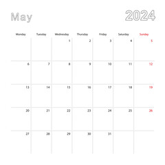 Simple wall calendar for May 2024 with dotted lines. The calendar is in English, week start from Monday.