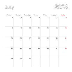 Simple wall calendar for July 2024 with dotted lines. The calendar is in English, week start from Monday.