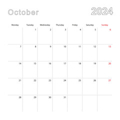 Simple wall calendar for October 2024 with dotted lines. The calendar is in English, week start from Monday.