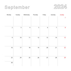 Simple wall calendar for September 2024 with dotted lines. The calendar is in English, week start from Monday.