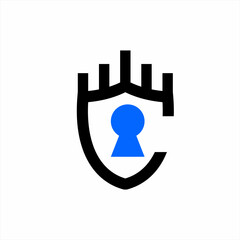 Castle silhouette illustration logo design with keyhole in letter C concept.