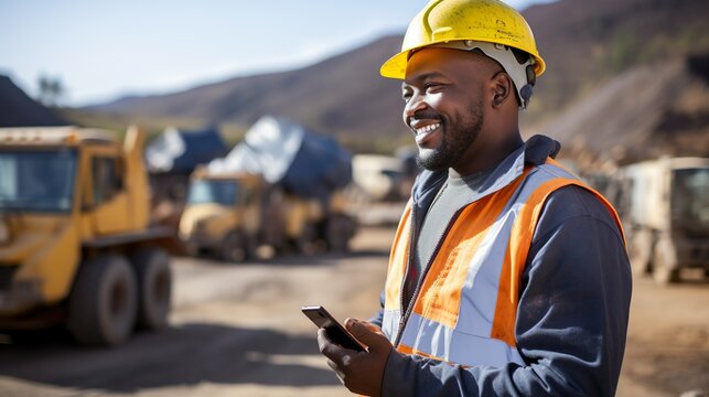 Young Black African Construction Worker Using Digital Tablet on Site, generative Ai