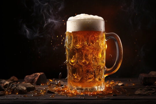 A mug of beer stands boldly against a dark background