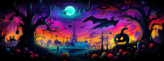 Obraz premium Halloween background with pumpkins, bats and graveyard. Fantasy illustration. selective focus. 