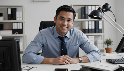 Fototapeta premium businessman working in office, Portrait of handsome young man working in office and smiling happily at camera