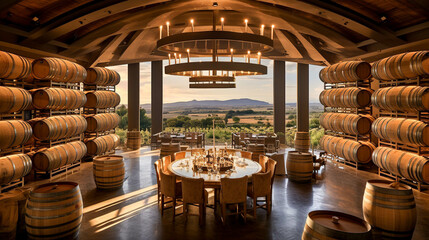 Vineyard Views from a Lush Wine Cellar. Winery With Wine Wooden Barrels. Generative AI