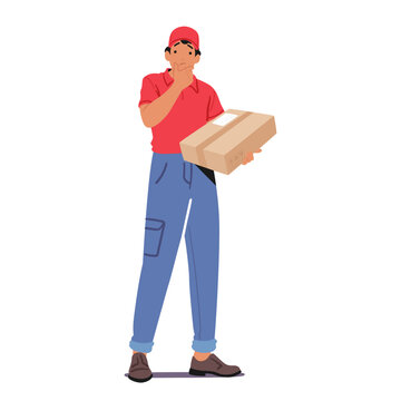Perplexed Courier Male Character Holds A Package, Scanning The Address With A Puzzled Expression Vector Illustration
