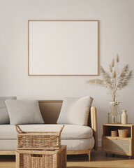 Blank picture frame in white living room with rattan furniture in japanese style.3d rendering