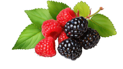 Mixed berries blackberry, strawberry and raspberry with green leaves isolated on white created with Generative AI