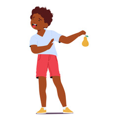 Stubborn Child Rejects Eating Pear, Scrunching Up Face In Disgust. Little Black Boy Dont Want To Eat Healthy Food