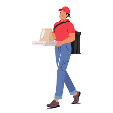 Efficient Courier Service Delivering Food Packages To Doorstep. Deliveryman Character Ensuring Freshness