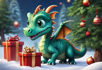 Naklejka premium Happy baby green dragon is holding Christmas present. Generative AI
