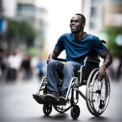 A dark-skinned wheelchair-bound man, close up portrait, on a blurred background