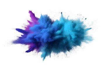Abstract powder splatted blue powder explosion on transparent background. Colored cloud. Colorful dust explode.