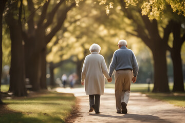 Obraz premium A elderly couple strolling hand in hand through a park