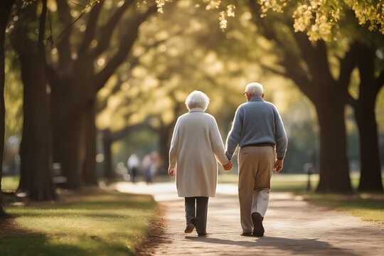 A elderly couple strolling hand in hand through a park
