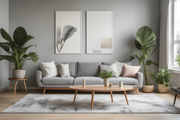Cozy light living room interior with indoor plants, sofas and cushions, wooden coffee table and pictures on the wall