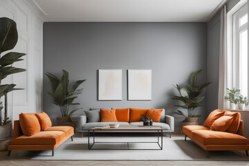 Living room interior with indoor plants and orange sofas, cushions