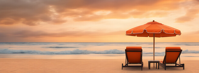 Panoramic view of a two chaise lounges under an umbrella on the shore sandy beach, on a sunset background, beautiful orange clouds (banner, copy space)