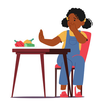 Little Girl Character At Table Stubbornly Rejects Vegetables, Pushing Them Away With A Frown, Vector Illustration