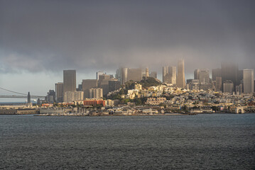 San Francisco, CA, USA - July 12, 2023: From Historic Alcatraz prison, financial district and...
