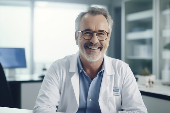 Generative ai portrait of smiling man doctor sitting desk office