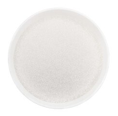 Sugar sand in a bowl on a white background close-up. View from above. Sugar