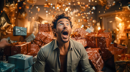 Man with a surprised expression surrounded by Christmas presents. Concept of a prize winner, black friday, prizes or gifts. Lucky man. Generative ai - obrazy, fototapety, plakaty