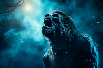 A werewolf at night on a full moon. A terrible mythical creature. The concept of a mystical...