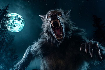 A werewolf at night on a full moon. A terrible mythical creature. The concept of a mystical...