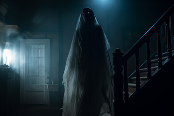 A scary ghost in an old house. A terrible mythical creature. Scary stories concept
