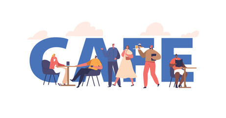 People Relax In Cafe Concept. Male And Female Characters Sitting At Tables, Drinking, Eating, Communicate To Each Other