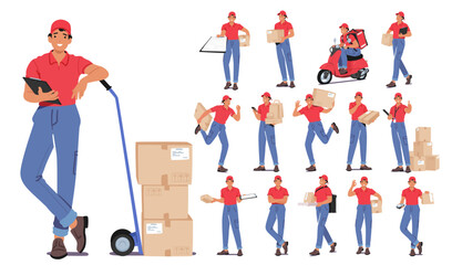 Set of Efficient Courier Delivery Service Characters Transport Packages And Documents Securely And Promptly
