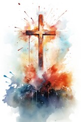 Christ cross in style of abstract watercolor painting, babtism religious background